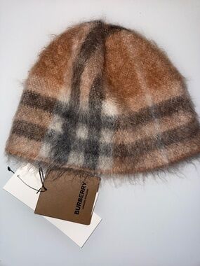 Burberry Mohair Tan and Brown Fuzzy Plaid Beanie